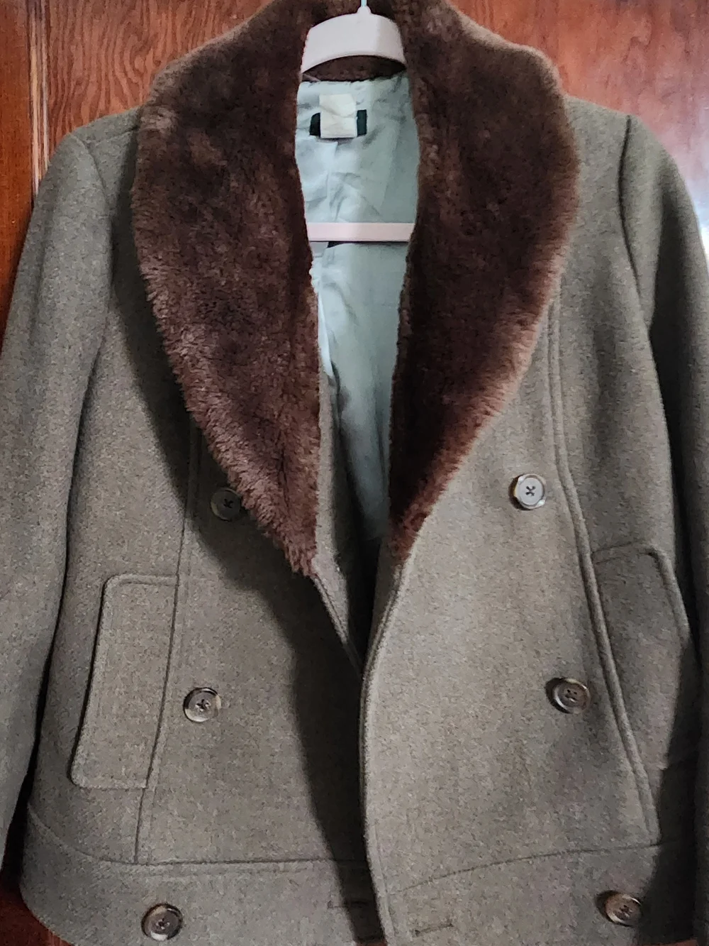 J. Crew Olive Wool-Blend Peacoat with Brown Faux Fur Collar - Picture 5 of 5